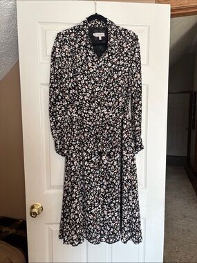 Floral Tie-Waist Long Sleeve Midi Dress - Black with White & Blush Flowers